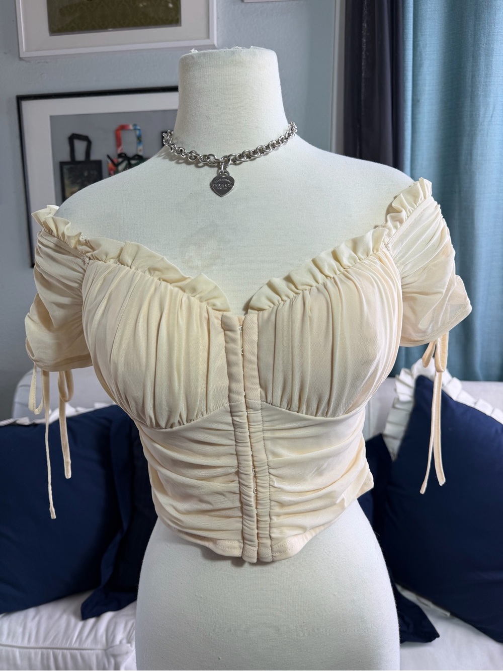 Y2K Women's Cream Ruffled Off-Shoulder Corset Top